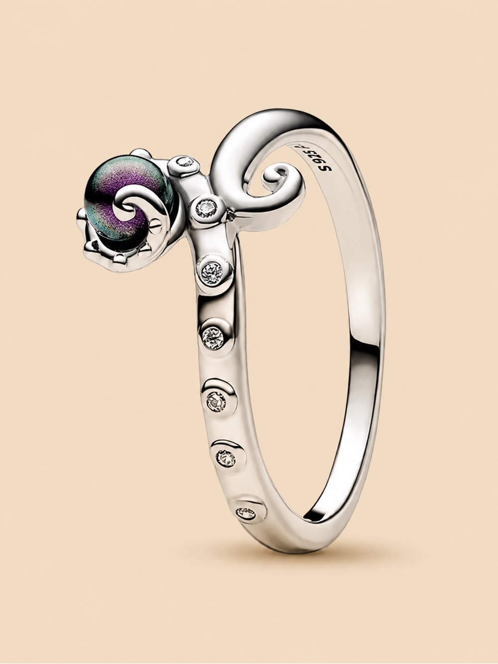 Sterling Silver Scroll Ring with Iridescent Stone - Purple Green